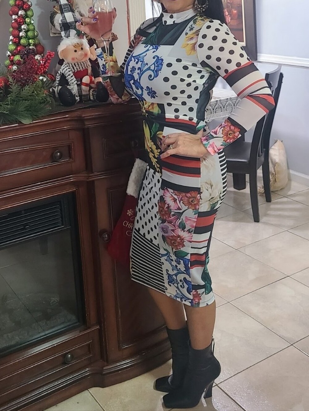 Patchwork Floral & Stripe Long Sleeve Maxi Dress in Black/White